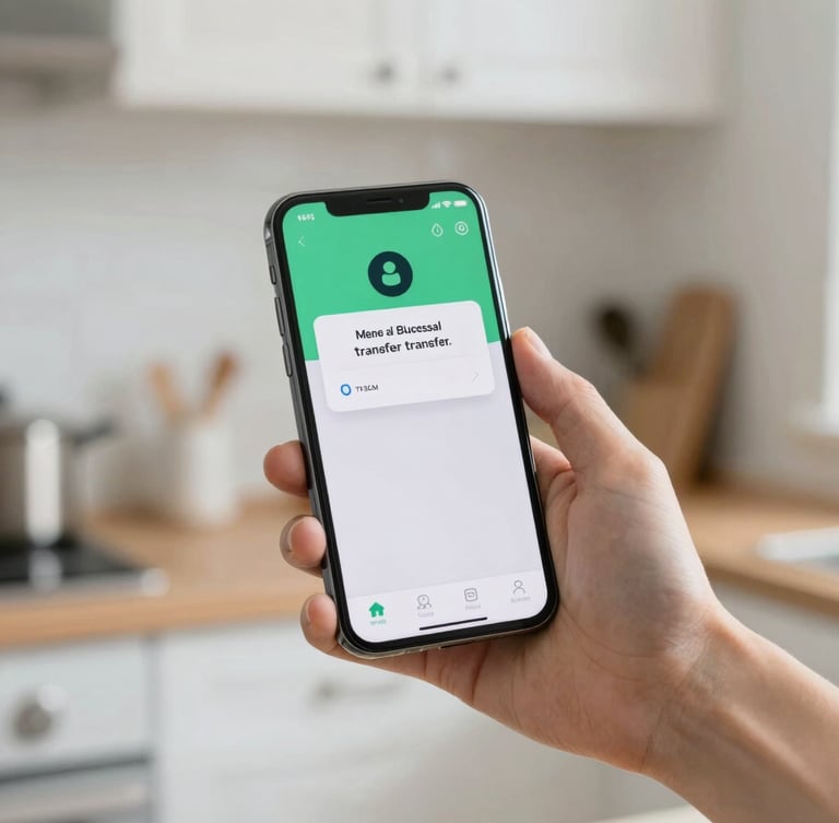 Close-up of a hand holding a smartphone in bright, natural daylight inside a clean kitchen, showing a banking app notification of a successful transfer.