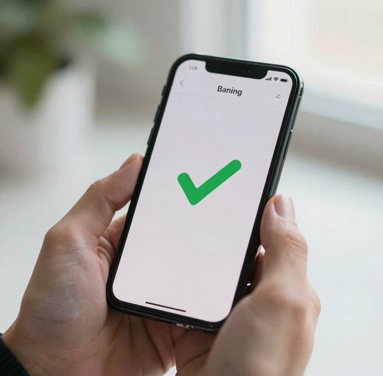 A close-up of a hand holding a smartphone in bright morning daylight, displaying a clear banking notification with a green checkmark, clean and realistic.