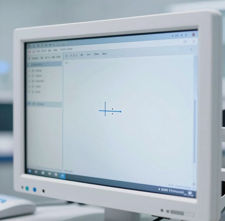 Macro shot of a high-fidelity medical software interface on a sterile laboratory monitor, clean clinical white lighting, soft shadows, sharp focus, 35mm lens