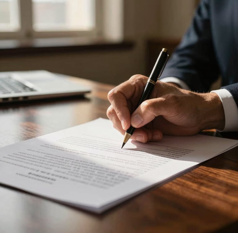 Macro close-up of a legal document being signed on a dark executive wooden desk, warm golden lighting, shallow depth of field, sharp focus, professional atmosphere
