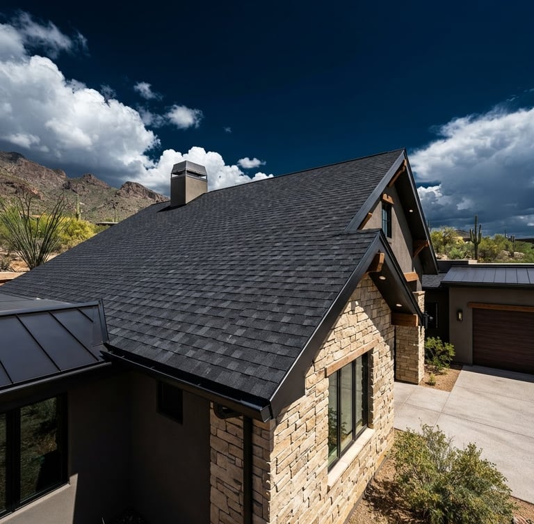 Heroic low-angle architectural photograph of a flawless new shingle roof on a modern ranch home under bright desert daylight, sharp metallic details, high-contrast sky