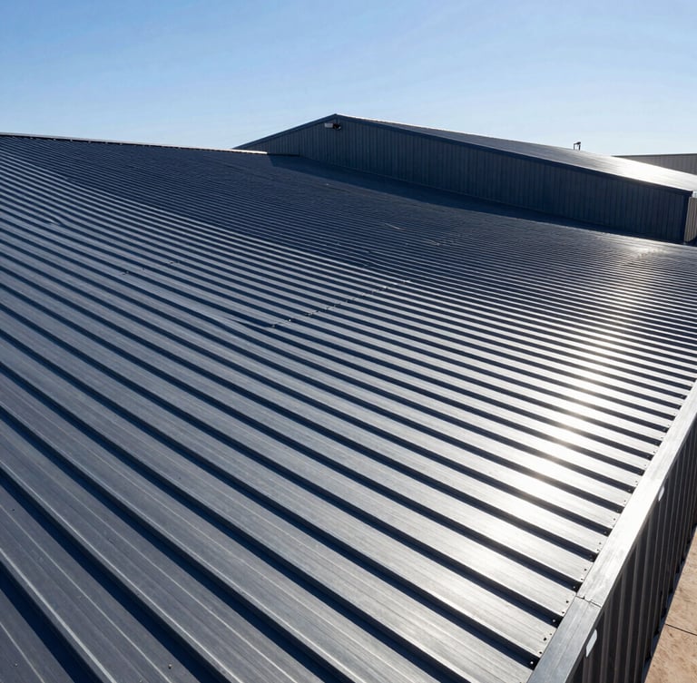 Heroic low-angle architectural shot of a modern industrial building featuring standing-seam metal roofing, sharp steel gray panels, bright high-contrast New Mexico sunlight.