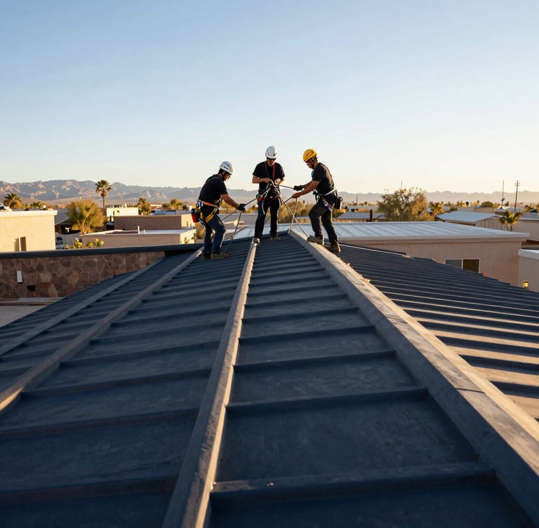 Crisp golden-hour photograph of a professional roofing crew working safely on-site, wearing safety harnesses, clean roof alignment visible.