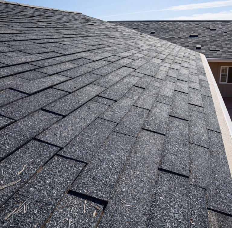 Close-up architectural shot of flawless shingle alignments on a residential roof, bright New Mexico desert sunlight casting sharp geometric shadows.