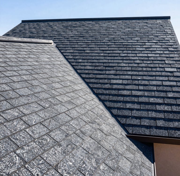Close-up architectural shot of clean shingle alignments on a residential roof, high-contrast deep navy and steel tones, bright New Mexico sunlight