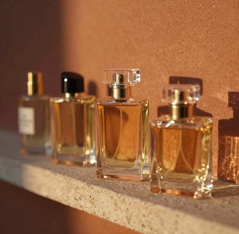 Close-up of elegant glass perfume bottles catching golden-hour sunlight on a warm stone ledge, terracotta background, shallow depth of field, 35mm photography