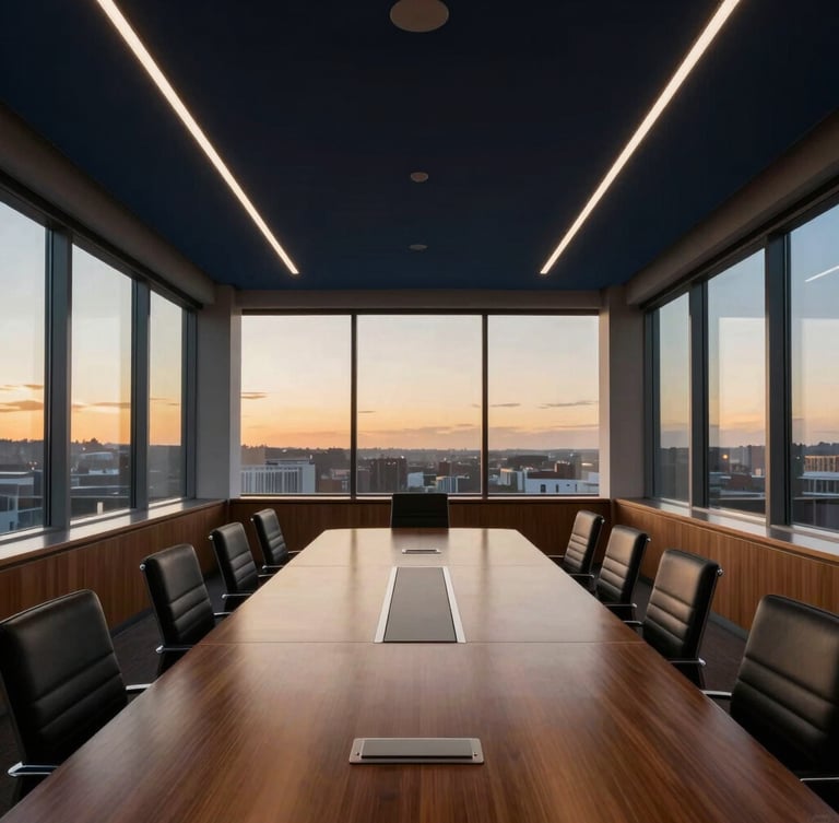 Symmetrical interior architectural shot of a quiet corporate boardroom with warm wood and steel accents, soft twilight light coming through large windows.