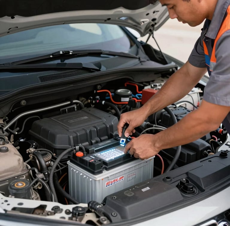 Action close-up of a neat technician wearing clean uniform installing a brand new car battery under a clean car hood, bright high-contrast LED work light illuminating the engine bay, 35mm.
