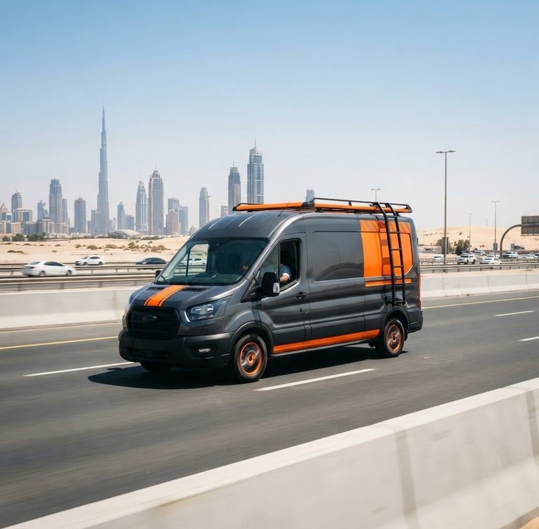Crisp editorial photography of a clean service van on a Dubai road, bright midday desert light, high-contrast charcoal and safety orange tones, sharp focus, 35mm