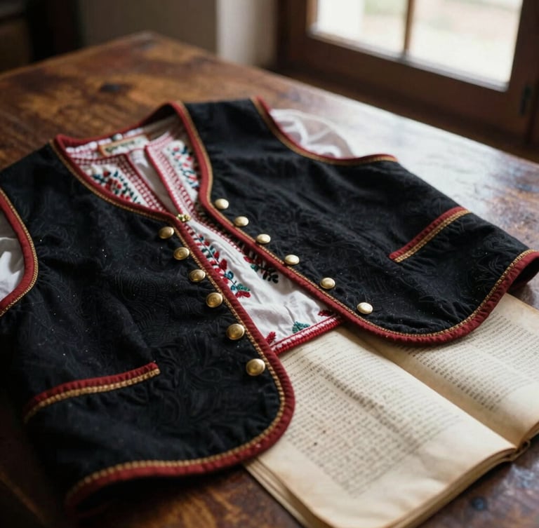 Close-up of a traditional Catalan trabucaire embroidered vest with polished brass buttons, resting next to a folded historical document on a dark wooden table, warm natural window light, 35mm photography.