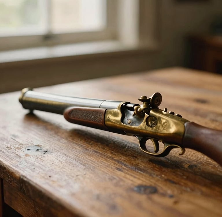 Close-up of a traditional polished brass blunderbuss resting on a rustic wooden table, soft warm indoor light, shallow depth of field, 35mm