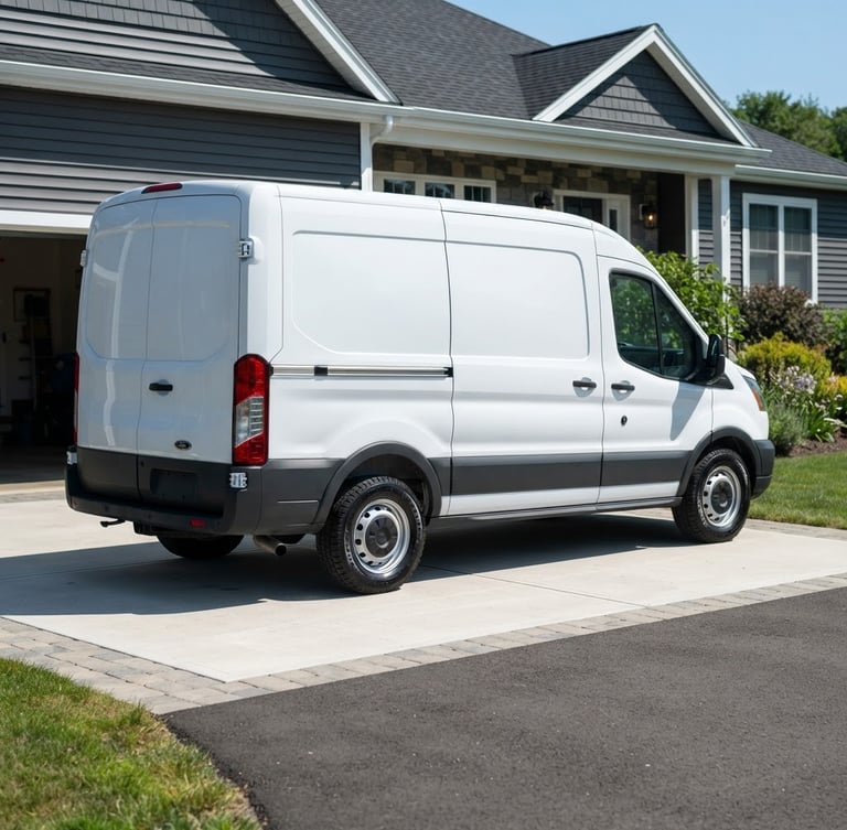 A clean service van parked in a bright Sharon driveway, daylight, professional utility aesthetic, sharp focus.