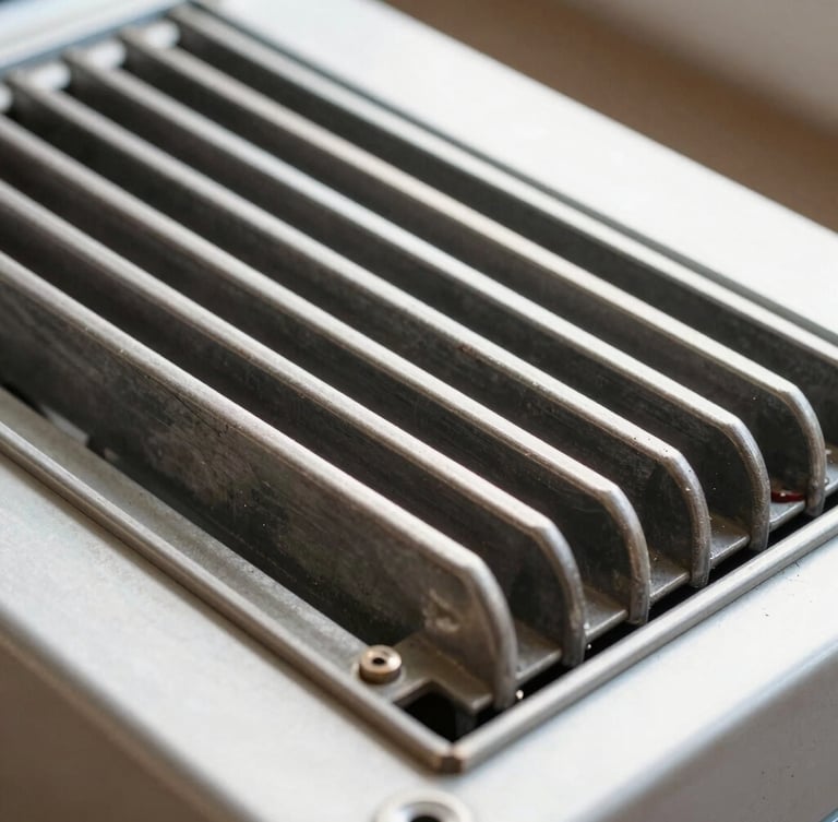Crisp detail of a clean appliance heating element on a metal work table, bright natural light, sharp focus on mechanical details, 50mm.