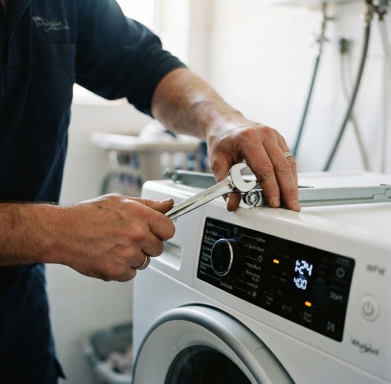 Close-up of a technician's hands holding a clean chrome wrench next to a modern washing machine control panel, bright daylight, 50mm.