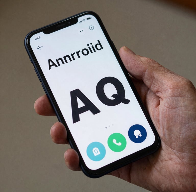 Macro overhead daylight shot of an elderly hand holding a large-screen Android smartphone, displaying a high-contrast application with oversized tap targets and bold typography, soft natural shadows.