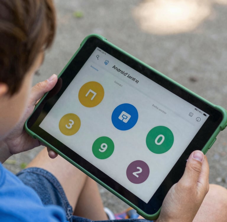 Tight overhead macro shot of a child's hand holding a rugged green Android tablet, displaying a high-contrast educational interface with oversized tap targets under bright natural daylight.