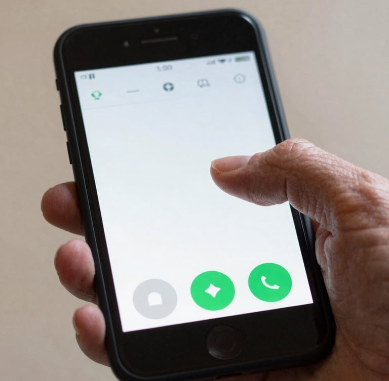 Macro close-up of an elderly hand navigating a high-contrast Android application interface with large tap targets, clean daylight.