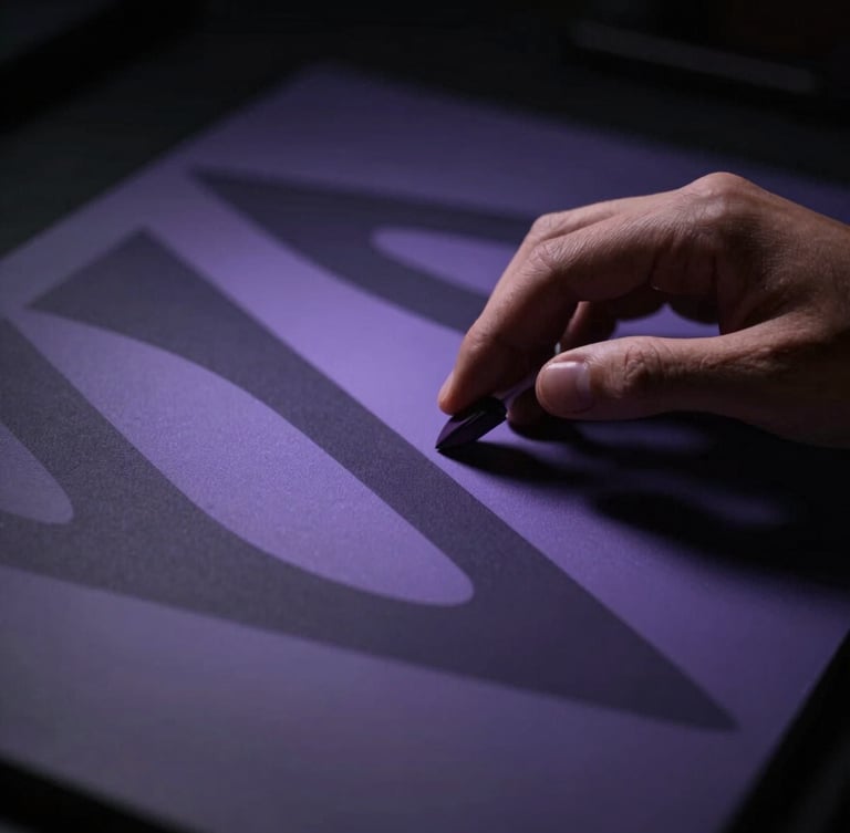 Elegant close-up of hands working on a high-end digital workspace, abstract architectural shadows, low-key dramatic lighting, soft violet and deep charcoal tones, cinematic dark editorial photography, 35mm lens.