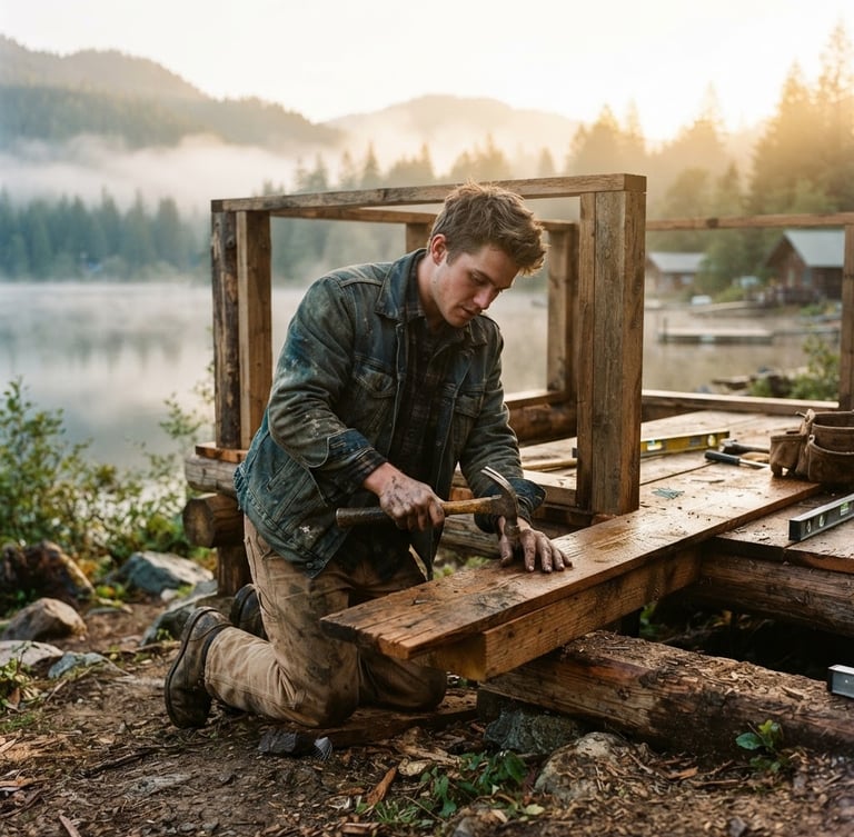 Young Rick in work clothes, hands dirty, fixing a wooden structure at a lakeside camp, misty golden hour, wide shot