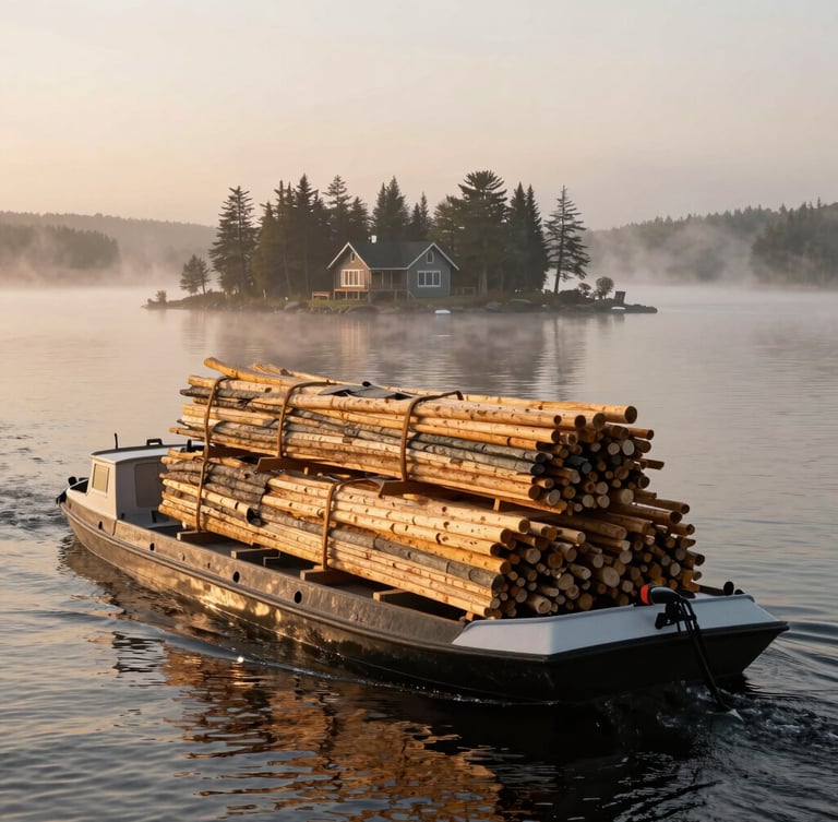 Rick's barge transporting heavy timber and construction materials across a misty Muskoka lake at dawn, a high-end cottage visible on a distant island shoreline, wide environmental shot.