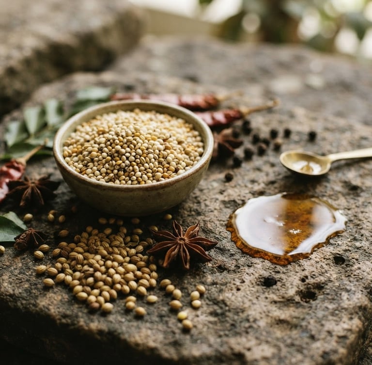 Close-up of raw millets, whole spices like coriander seeds and star anise, and a small pile of cold-pressed groundnut oil, arranged on a textured stone surface under soft natural daylight, shallow depth of field, earthy olive and warm cream tones, 35mm