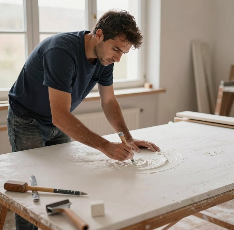 Artisan plâtrier travaillant sur un échafaudage dans une pièce lumineuse, talochant un plafond blanc parfait, outils traditionnels au sol