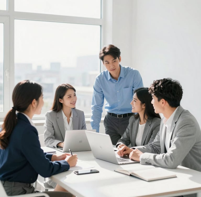 Bright high-key corporate photography of a sunlit modern workspace, clean white and blue accents, professional team collaborating around a table, crisp daylight, 35mm