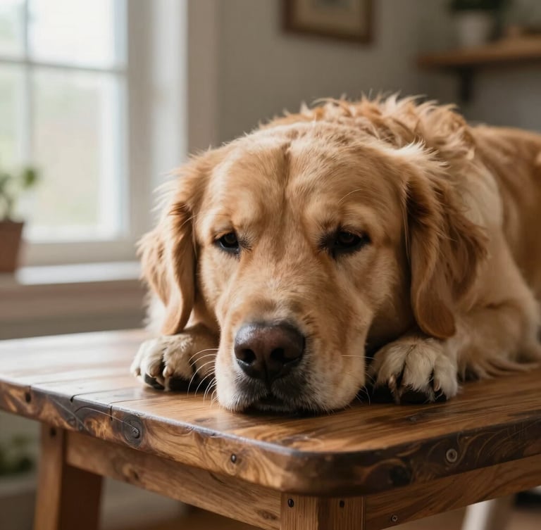 Intimate close-up of a calm golden retriever resting its chin on a clean wooden grooming table, soft natural daylight streaming from a side window, warm country-boutique aesthetic, shallow depth of field.