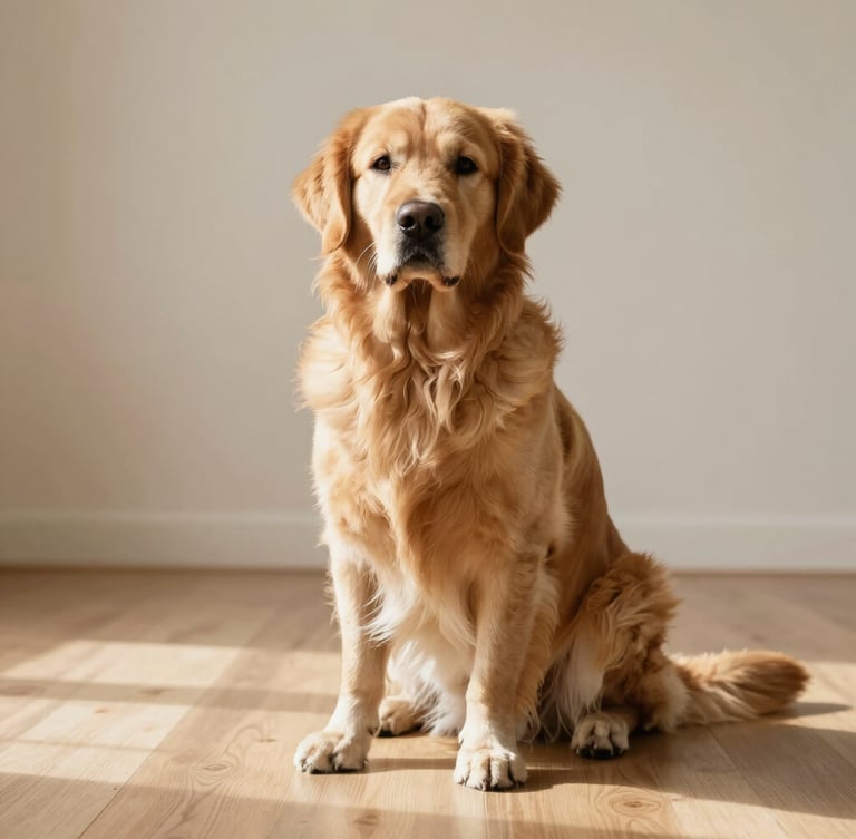 A serene Golden Retriever sitting calmly on a clean light oak floor, soft natural side light, minimal warm cream background, professional editorial photography