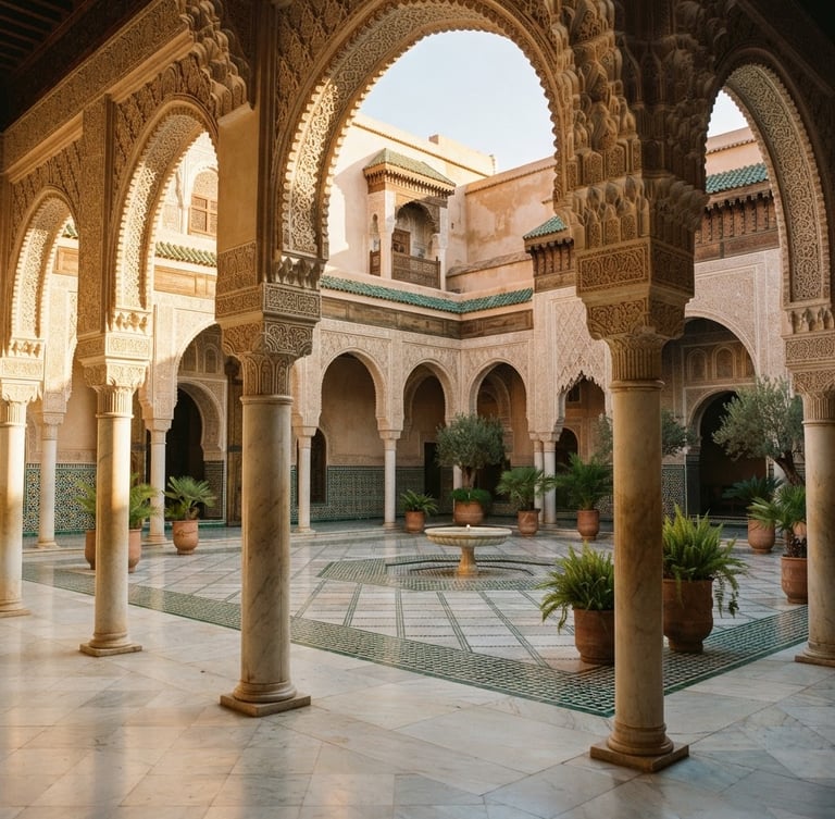Elegant architectural photography of a sunlit courtyard with majestic marble arches, soft golden-hour sunrise light, warm beige tones, 35mm