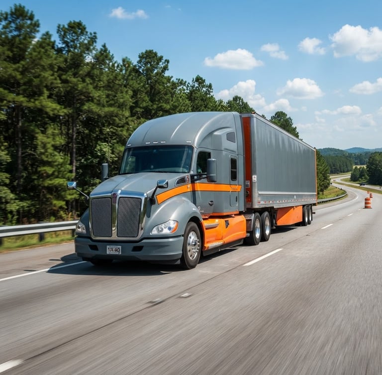 A clean commercial transport truck on a Georgia highway in bright natural daylight, high-contrast slate and orange tones, sharp focus, 35mm lens.