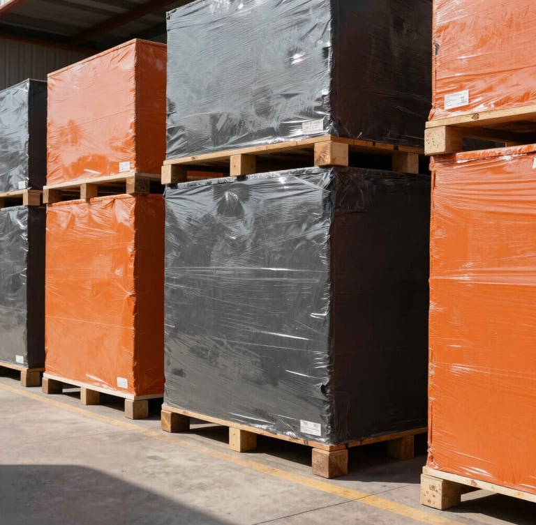 Medium shot of a clean warehouse environment, high-contrast shadows, organized secure cargo, industrial commercial photography.