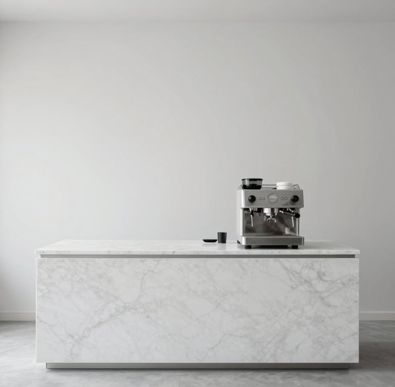 A minimalist mobile espresso bar, clean white marble counter, single sleek espresso machine, soft overcast natural light, empty negative space