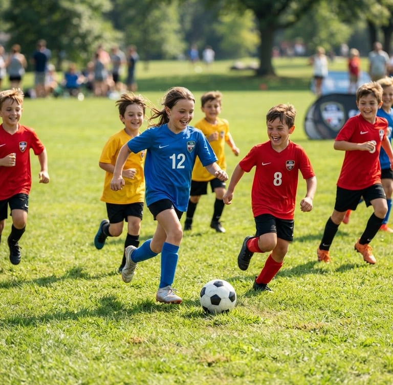 Bright outdoor action photography of children playing soccer on a green field, natural sunlight, laughing and running, candid medium shot