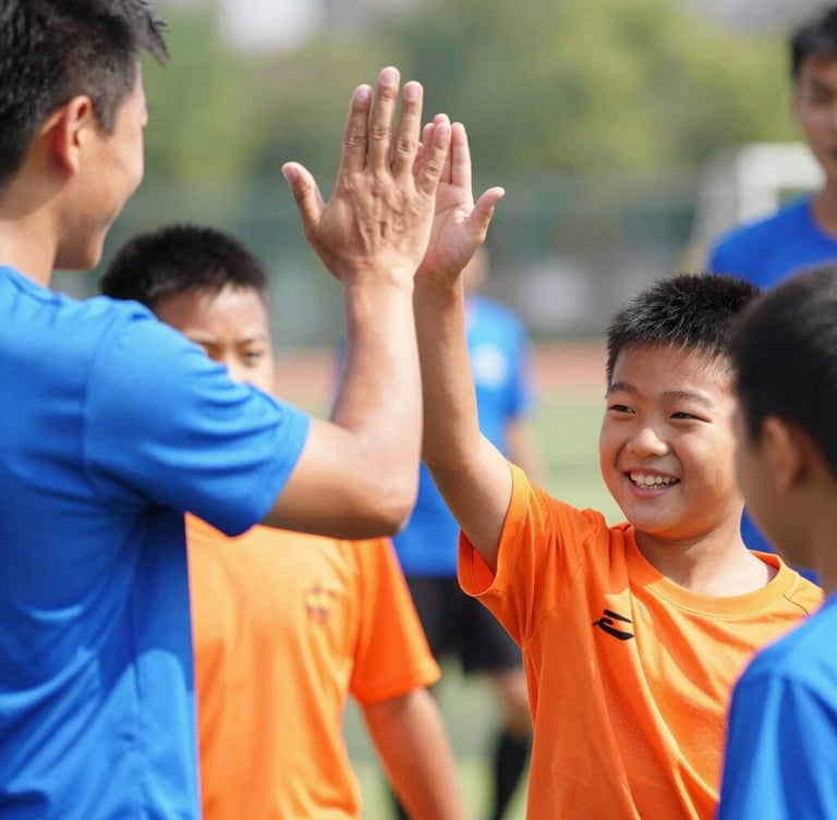Close-up of a smiling child receiving a high-five from a volunteer coach on a bright sunny day, vibrant blue and orange sports shirts, joyful atmosphere.