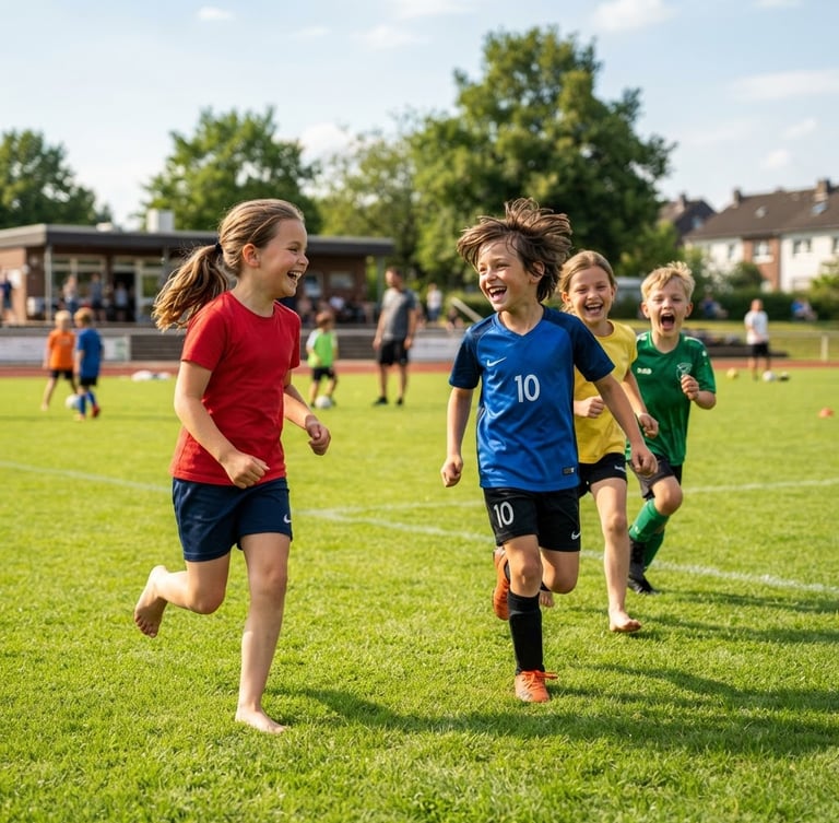 Bright outdoor action photography of children laughing and running on a green sports field in Soest, warm natural sunlight, candid medium shot.