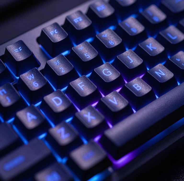 Extreme close-up of a high-end mechanical keyboard with sharp indigo backlight, shallow depth of field, metallic keycaps, dark tech aesthetic.