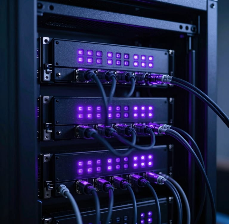 A clean server rack with glowing purple status LEDs, physical cables neatly managed, cool moody lighting, high contrast.