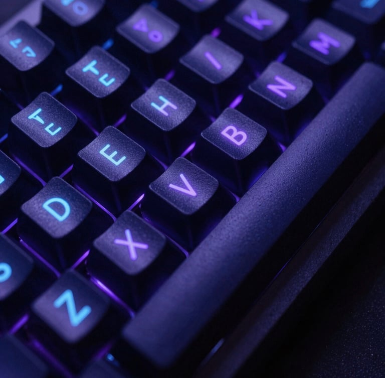 Extreme macro shot of a mechanical keyboard with glowing violet and cyan legends, dark technical aesthetic, sharp neon accent lighting, high contrast