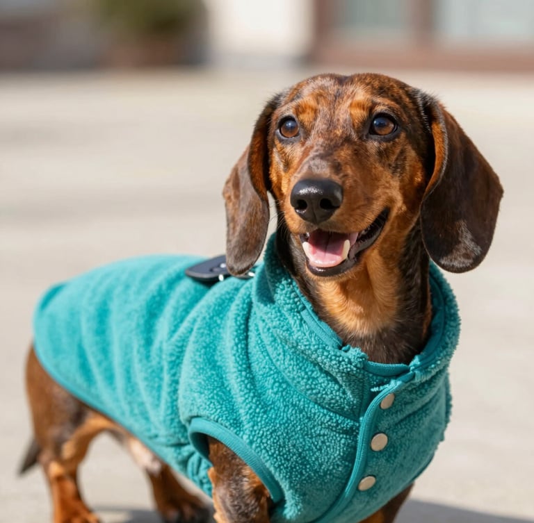 Close-up of a cheerful dachshund wearing a custom-tailored teal fleece jacket, bright natural outdoor light, shallow depth of field, 50mm lens