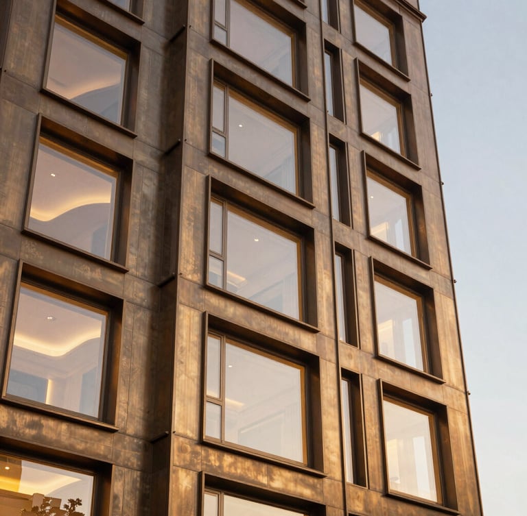 Tactile architectural close-up of the premium tower facade at dusk, showing structured bronze metal panels, warm interior lighting through double-glazed windows, and clean geometric lines.