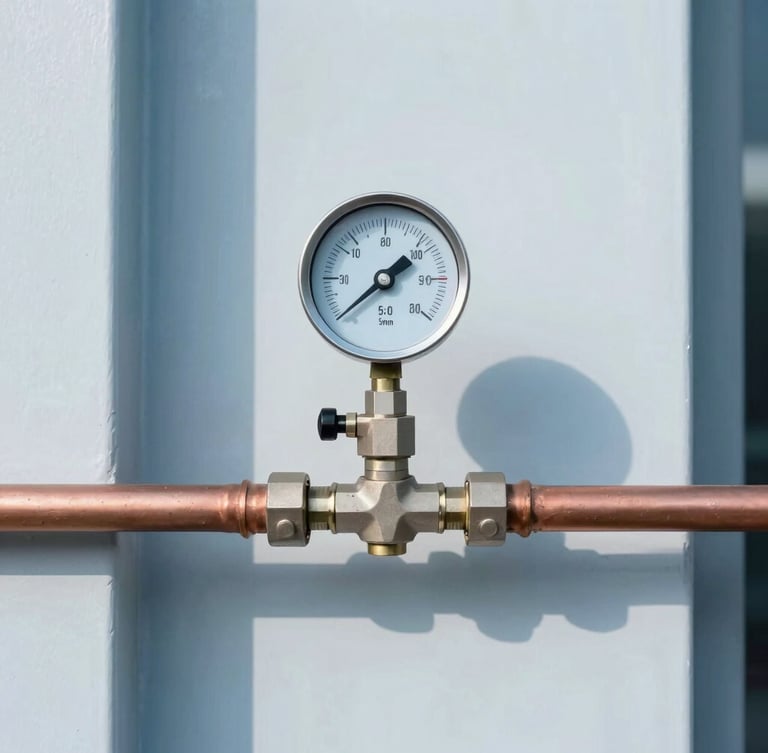 Straight-on medium shot of a clean digital manifold gauge connected to copper pipes on a modern exterior wall, bright daylight, cool blue tones, sharp focus, 35mm