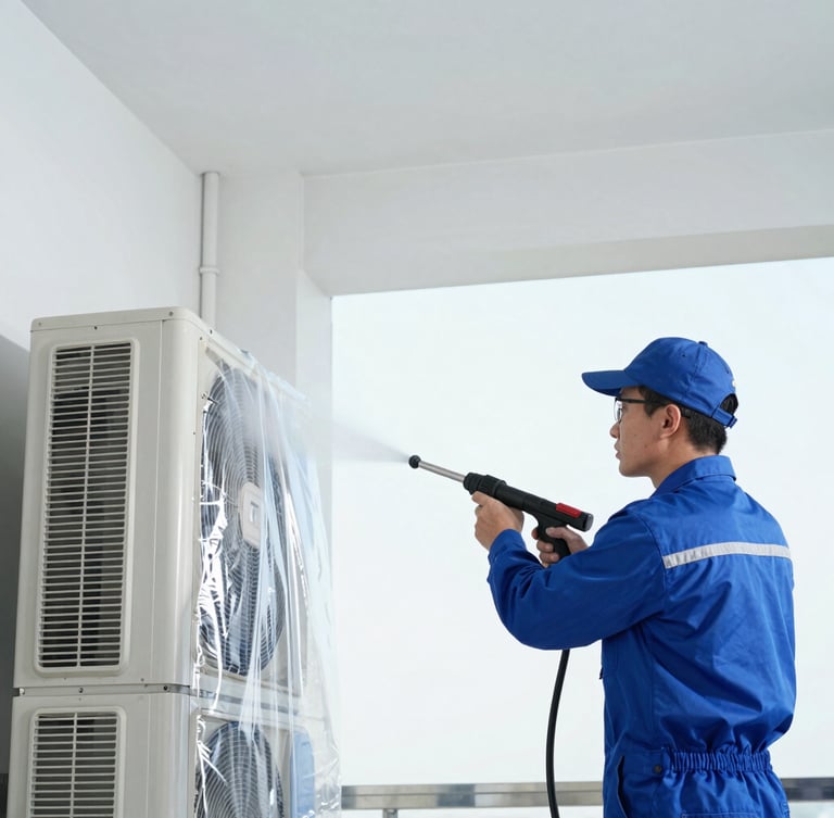 Professional HVAC technician in a clean uniform using high-pressure water cleaner on an indoor air conditioner unit, protective plastic sleeve attached, bright daylight, cool tones