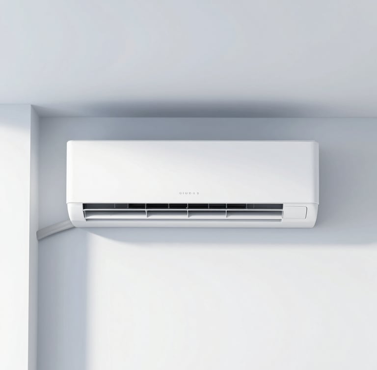 Straight-on medium shot of a clean, modern air conditioning unit perfectly aligned on a crisp white architectural wall, bright daylight, cool blue undertones, professional HVAC installation, 35mm