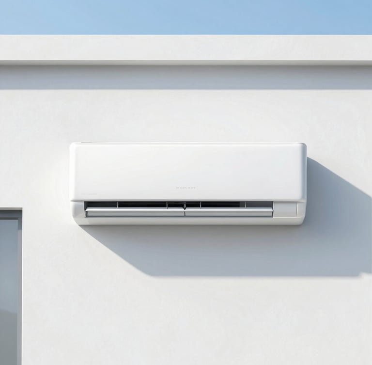A clean modern air conditioning unit installed perfectly on a minimalist white architectural wall, bright cool daylight, sharp focus, architectural framing, 35mm
