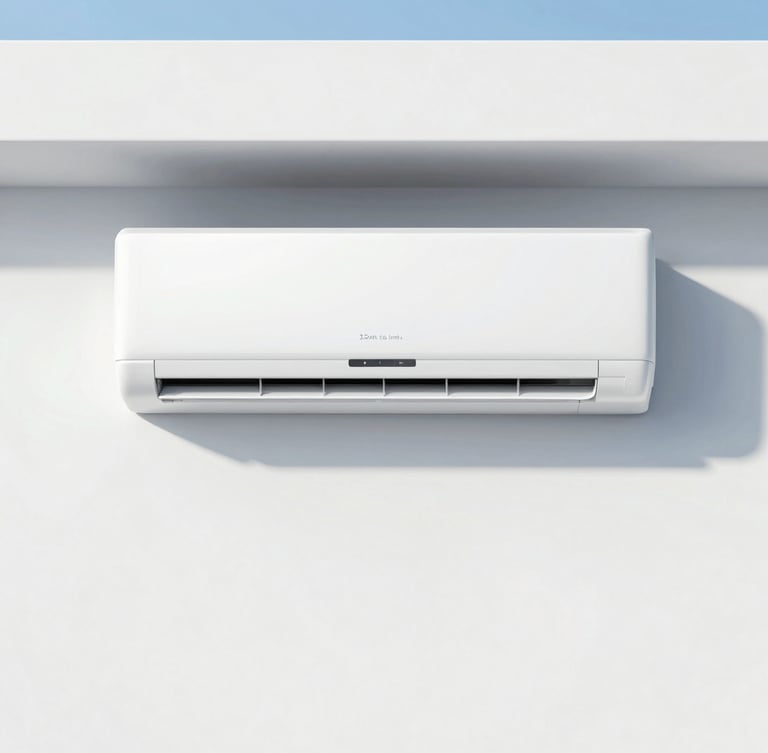 Straight-on medium shot of a clean modern air conditioning unit perfectly aligned on a white architectural wall, crisp daylight, cool blue tones, 35mm