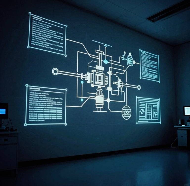 Ultra-wide architectural perspective of an empty high-security research laboratory, with technical schematics projected onto a cool slate wall, low-key lighting, high contrast, cool blue and stark white light, deep shadows, 35mm.