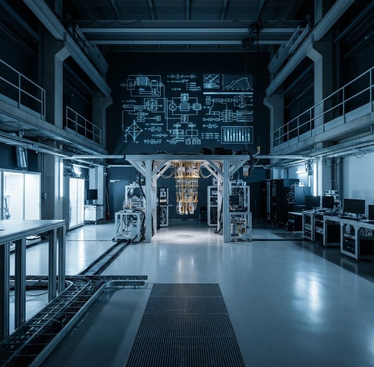 Ultra-wide architectural perspective of an empty, high-security quantum research laboratory, stark white and cool blue lighting, deep shadows, monospaced technical schematics projected onto a wall.