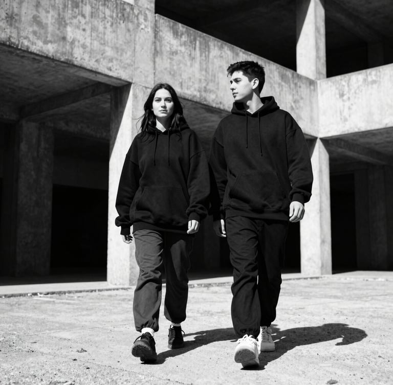 Low-angle black and white street shot of a couple walking through a brutalist concrete courtyard, wearing matching oversized black hoodies and relaxed trousers, harsh direct sunlight, deep shadows, 35mm film grain