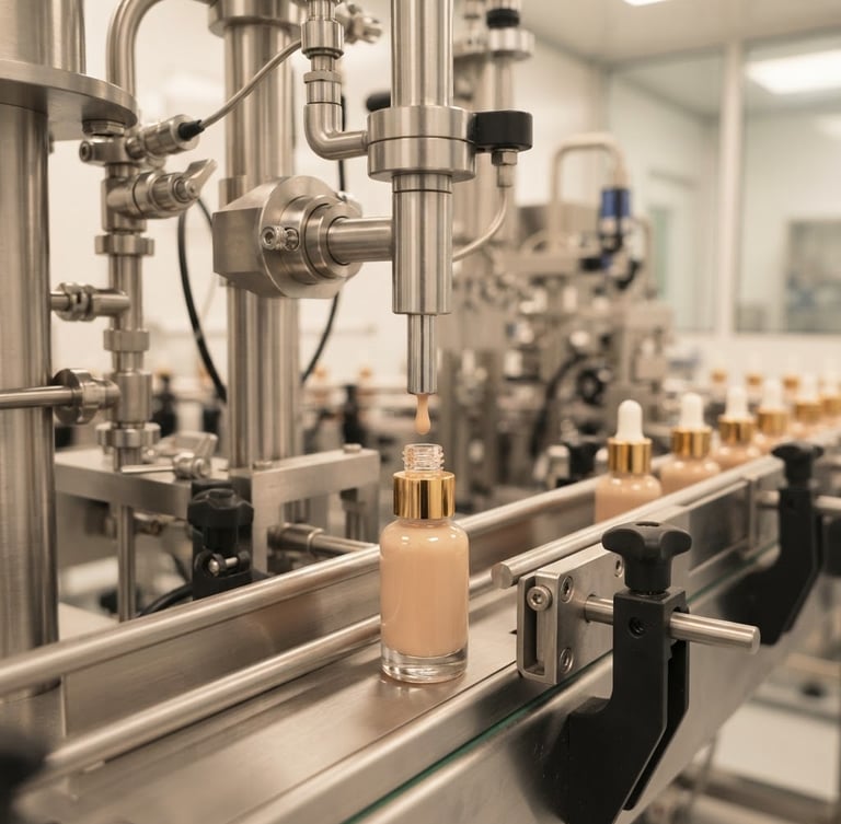 Sleek modern cosmetics manufacturing line, clean-room environment, stainless steel equipment, soft warm studio lighting, macro depth of field